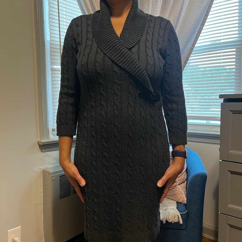 Calvin Klein Gray Wrap Shawl Collar Cable Knit Sweater Dress